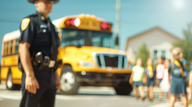 Positive Police Presence Ensuring School Zone Safety - Police officer directing school bus with children and teachers in background at elementary school