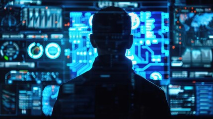 Advanced tech interface, back view (close up, focus on, copy space) vivid tones, double exposure silhouette with holographic display