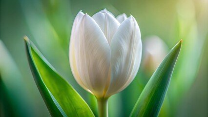 White tulip flower bud close up. Minimal floral card.Botanical poster.Fine art flower.