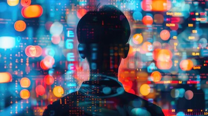 Fototapeta premium Futuristic technology interface, back view (close up, focus on, copy space) vibrant colors, double exposure silhouette with digital data