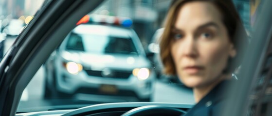 Perspective of Woman in Car Talking to Police Officer on Busy Urban Street