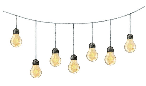 Watercolor illustration of String of Hanging Light Bulbs. Drawing of Lamp garland for party decoration design. Electric festoon for celebration on isolated background. Glowing bright strands