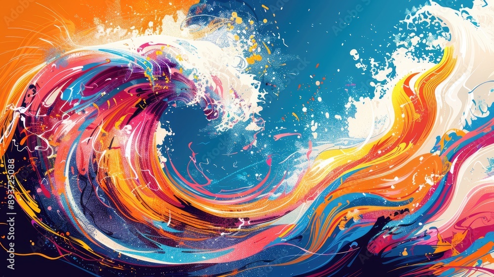 Poster swirling wave pattern with dynamic brush paint ribbons and vibrant color splashes.