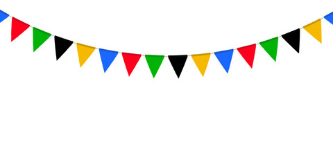 Red, green, black, yellow and blue flag garland. Triangle pennants chain. Party decoration. Celebration flags for decor