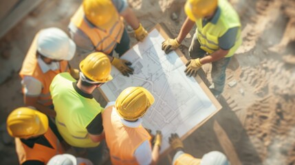 Empowering Teamwork at Construction Site - Diverse Workers in Safety Gear Reviewing Plan Amid Dust and Smoke, Emphasizing Communication
