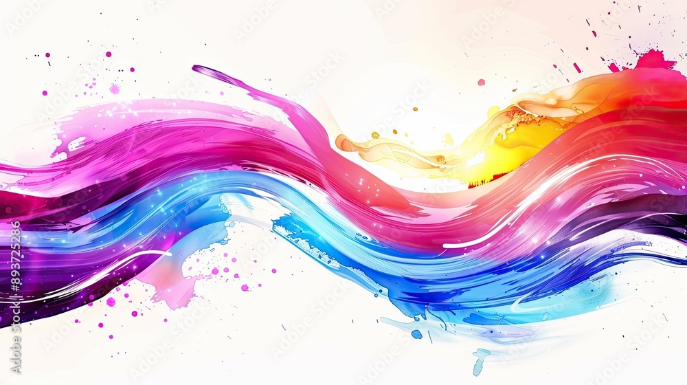 Poster vibrant color swirl with ribbon strokes and brush paint splashes, creating a dynamic wave effect