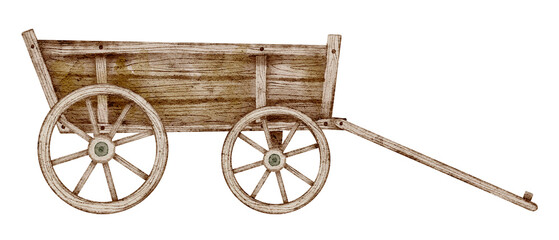 Fototapeta premium Rustic Wooden Wagon Watercolor Illustration. Drawing of Vintage Cart for farm and harvest on isolated background. Old retro country transport with wheel for farmers. Rural antique vehicle.