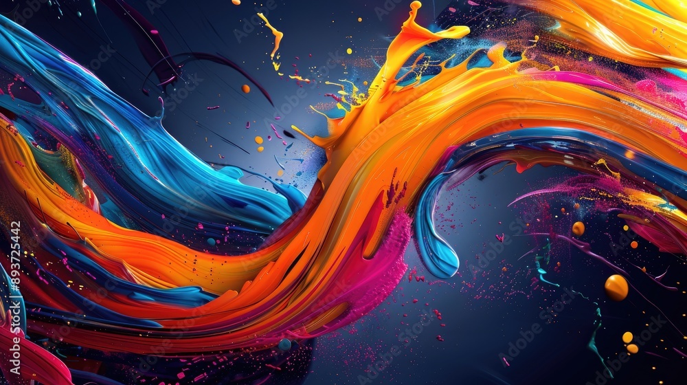 Poster vibrant color swirl with ribbon-like brush strokes and dynamic splash elements.