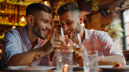 Happy Gay couple toasting with white wine in restaurant. LGBT community, pride. Dating app. Romantic dinner. Homosexual couple celebrating anniversary in bar