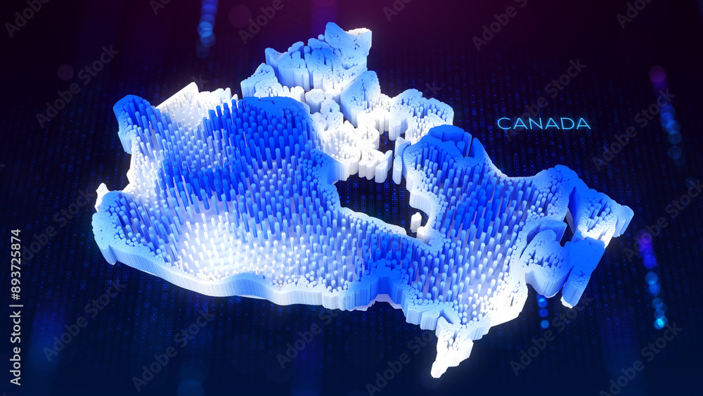 Poster 3d perspective view of blue and white dynamic hexagonal prism rippling canada map and text with hud 