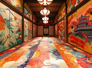 A long corridor with colorful walls and a patterned floor