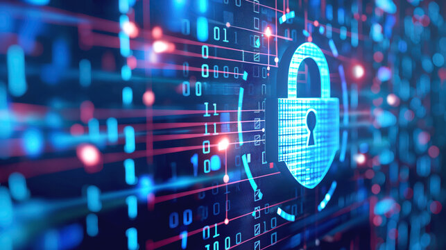 Glowing padlock symbol with binary code background representing cybersecurity and data protection concepts.