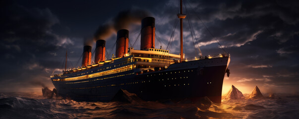 Fototapeta premium Sinking big retro boat in heavy waves ocean.
