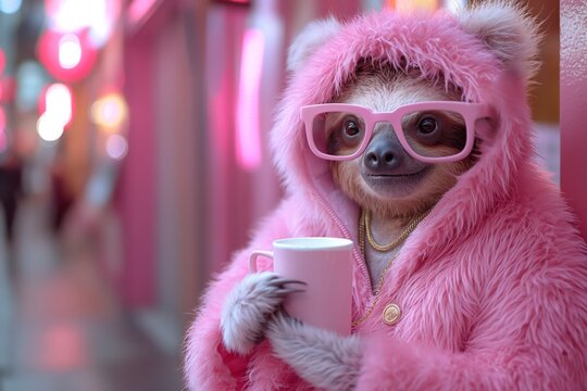 stylish classy modern fashionista sloth wearing pink sunglasses and pink firry coat at coffee shop	

