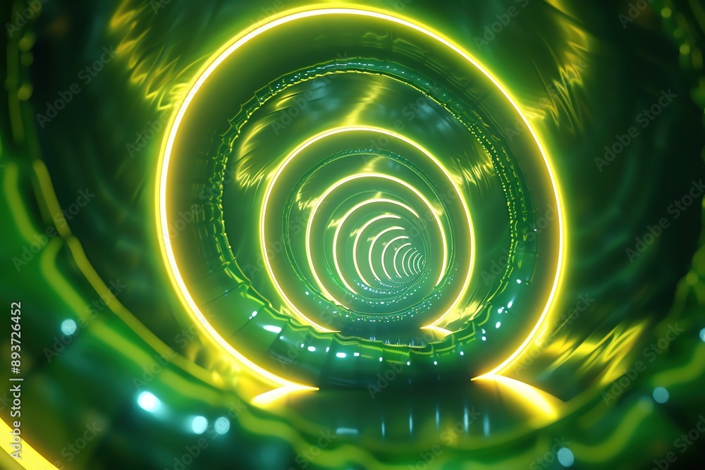 Poster a futuristic tunnel illuminated with vibrant green and yellow lights, creating a mesmerizing and oth