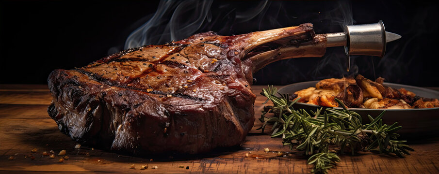 Tomahawk steak top view on wooden background.