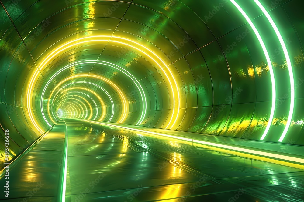 Poster a futuristic tunnel illuminated with vibrant neon lights in green and yellow, creating a dynamic and