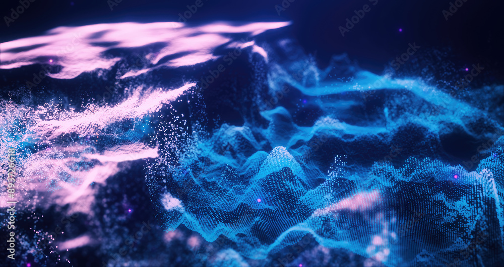 Poster abstract moving futuristic landscape of particles and dots of energy magic with glow and blur effect