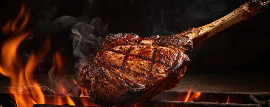Tomahawk steak top view on wooden background.
