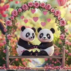 Naklejka premium Romantic Pandas Under a Rose Arch