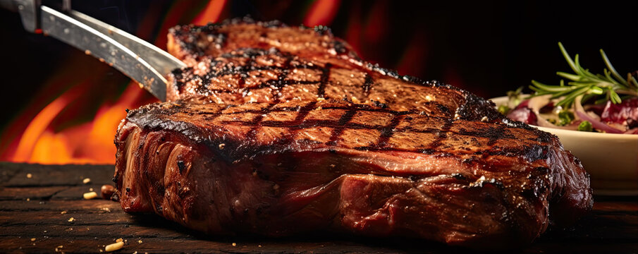 Tomahawk steak top view on wooden background.