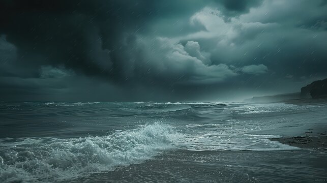 A dynamic photograph of a rainy beach scene