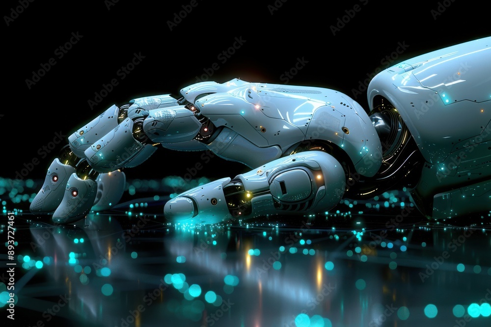 Poster ai, machine learning, hands of robot and human touching on big data network connection background, s