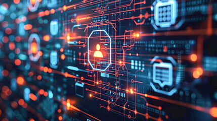 a digital interface with cybersecurity icons, firewalls, and data encryption symbols to represent business data protection strategies