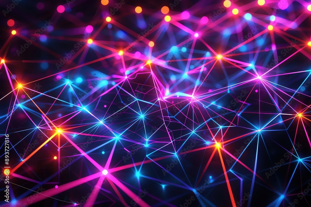 Poster a vibrant and colorful abstract depiction of interconnected lines and points, showcasing a network o