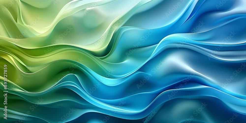 Poster abstract fluid waves in blue and green with smooth, flowing ripples creating a dynamic gradient effe