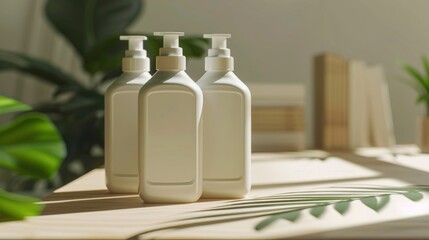 Three White Bottles with Pump Dispensers on a Wooden Table