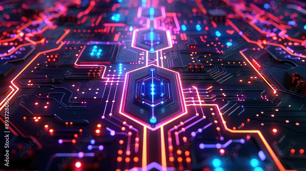 Poster a vibrant close-up of a circuit board with glowing lines and dots, showcasing advanced technology an