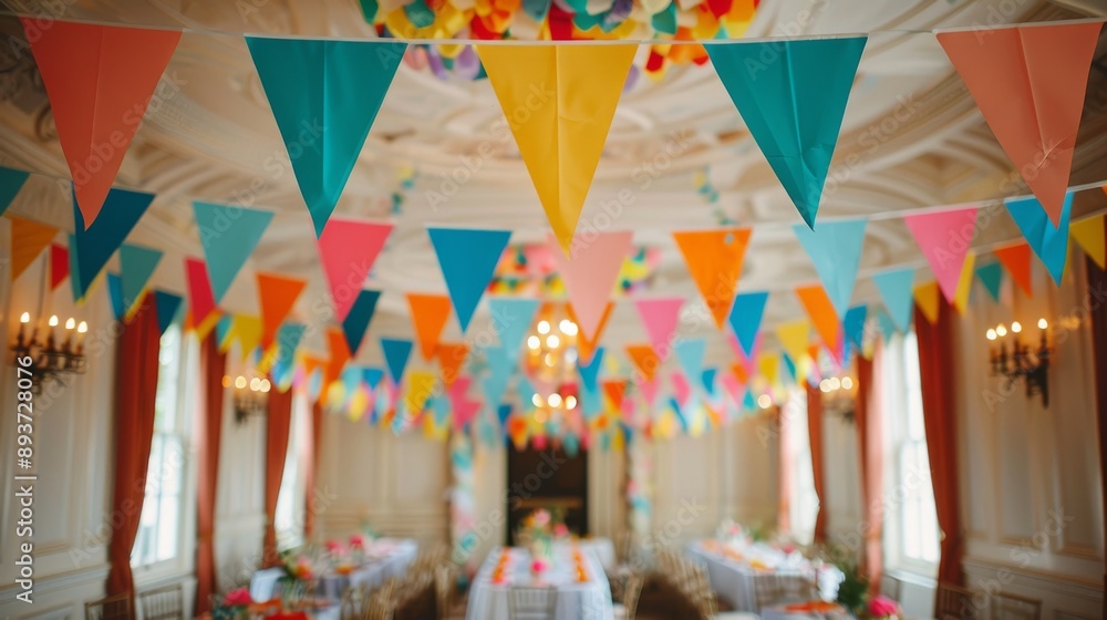 Poster a room decorated with colorful triangular flags hanging from the ceiling