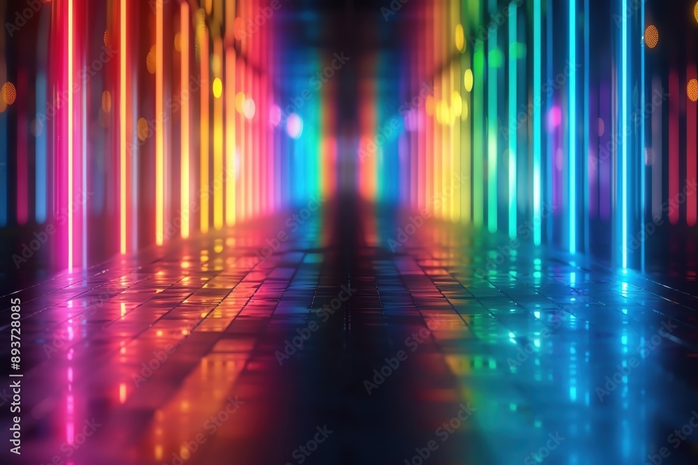 Poster a vibrant corridor illuminated by colorful neon lights, creating a modern and dynamic atmosphere for