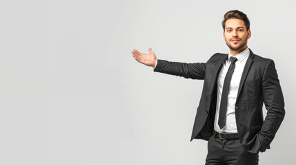 a professional businessman in a suit, standing confidently with one arm extended to the side as if presenting a product.