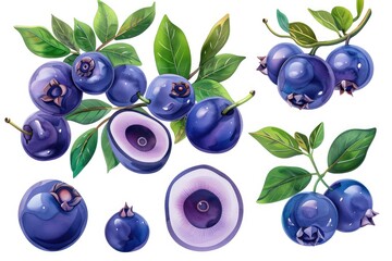 Watercolor illustration of blueberries with leaves, featuring whole and halved berries in a vibrant, artistic style.