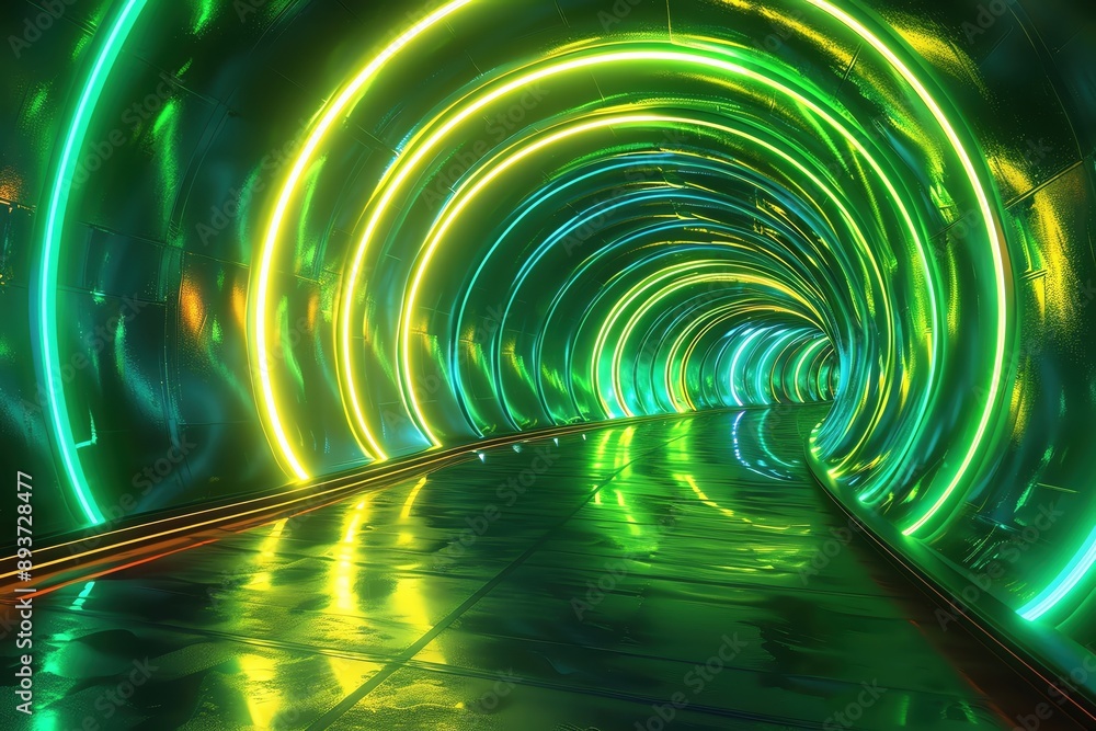 Poster a vibrant illuminated tunnel featuring glowing green and yellow lights creating a captivating visual
