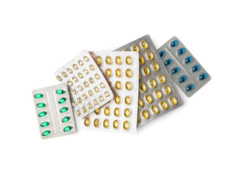 Color Pill Capsules Isolated, Analgesic Pile, Painkiller Drugs Mix, Sedative Pills Group, Medicine...