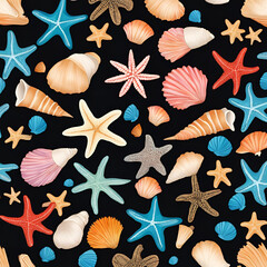 Seamless pattern of tinyseashells and starfishin striking colors with black background
