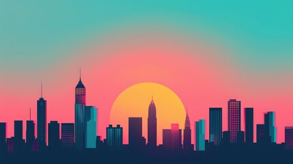 Naklejka premium Vibrant minimalist city skyline silhouette at sunset with colorful sky gradients. Modern cityscape illustration with urban skyscrapers.