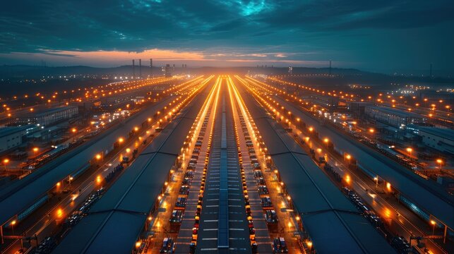 A stunning aerial view of a railway yard illuminated at dusk, showcasing the parallel tracks and glowing lights fading into the horizon.