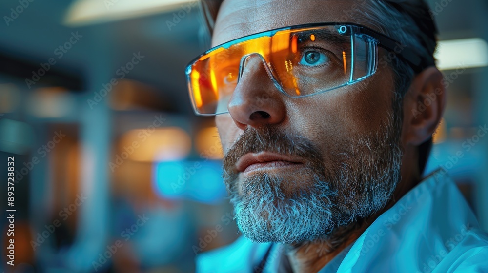 Poster close-up of a focused scientist wearing protective eyewear, working in a laboratory setting with mod