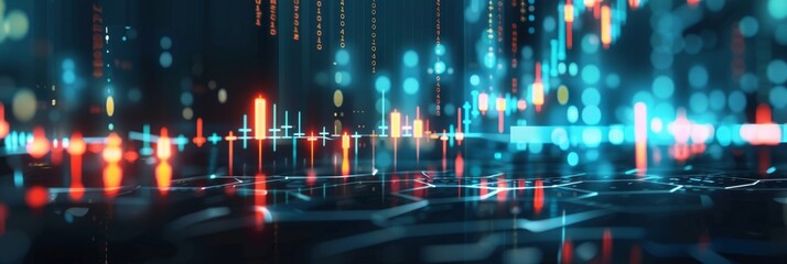 Futuristic financial stock chart showcasing rising data trajectories and trends on a digital display.