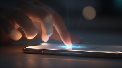 Close-up of a hand touching a smartphone screen, demonstrating modern technology and interaction in a dark environment.