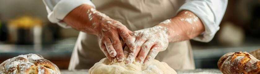 A baker kneads dough with skillful hands, creating fresh bread in a warm, inviting kitchen atmosphere.