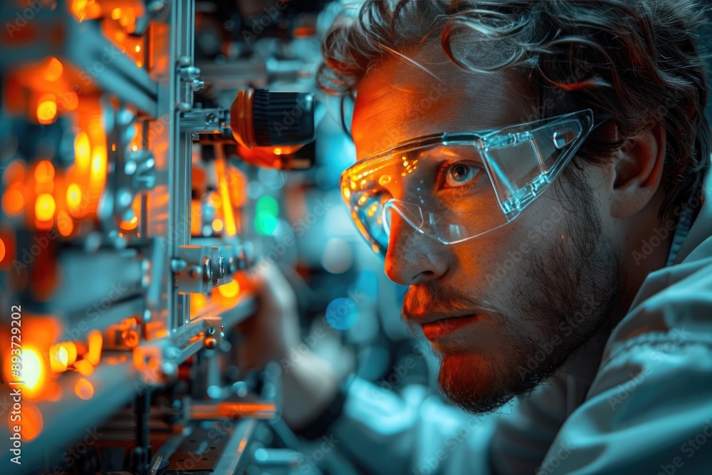 Poster engineer with safety glasses working intensely on high-tech equipment with illuminated components in