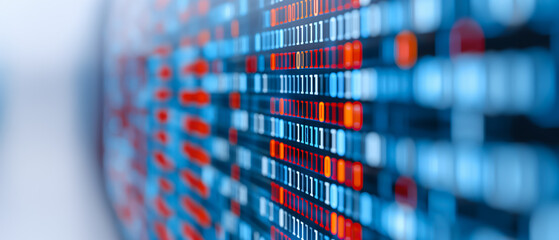 Close-up of digital binary code matrix in red and blue. Abstract representation of data and information flow. Detailed visualization emphasizes the complexity and structure of digital communication.