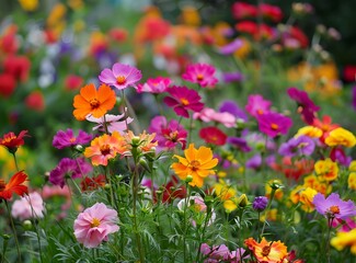 Obraz premium Colorful Cosmos Flowers Blooming in a Garden