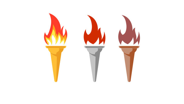 Golden, silver, and copper torches that glow with fire, Vector EPS 10