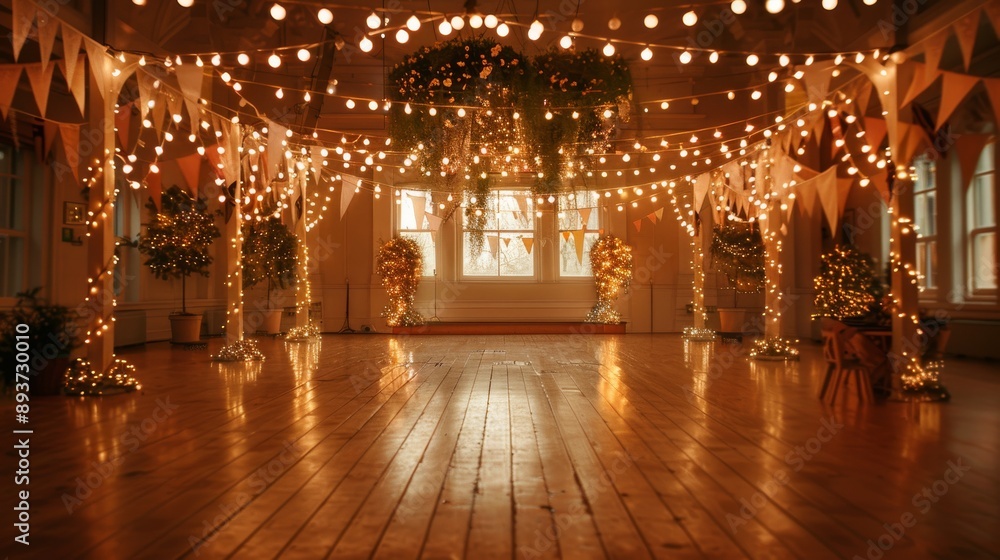 Poster a spacious room decorated with string lights and flags creating a warm and inviting atmosphere
